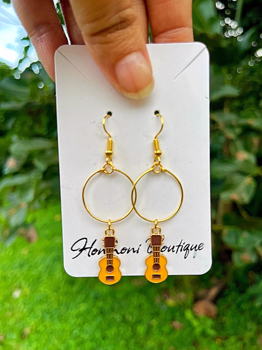 Gold Ukulele Hoop Dangle Earrings